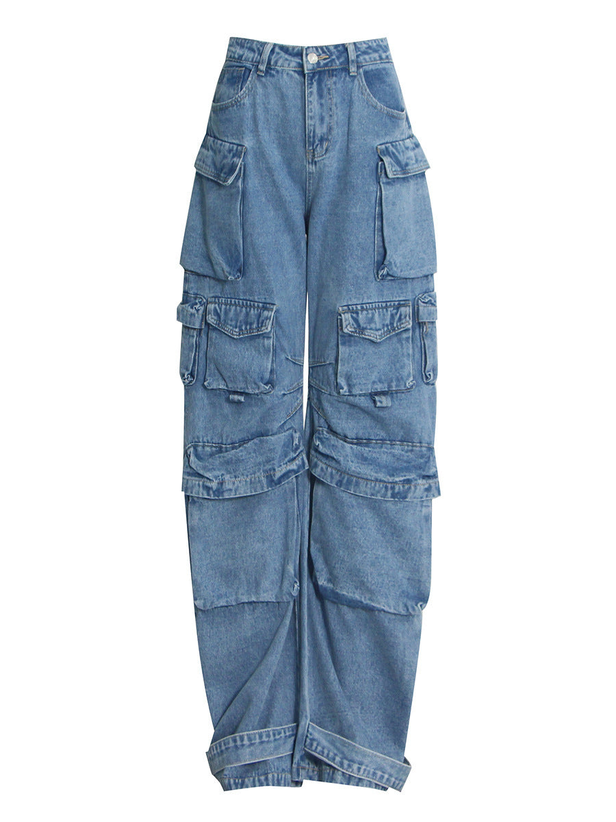 Fashionable High Waisted Large Pocket Loose Casual Wide Leg Pants