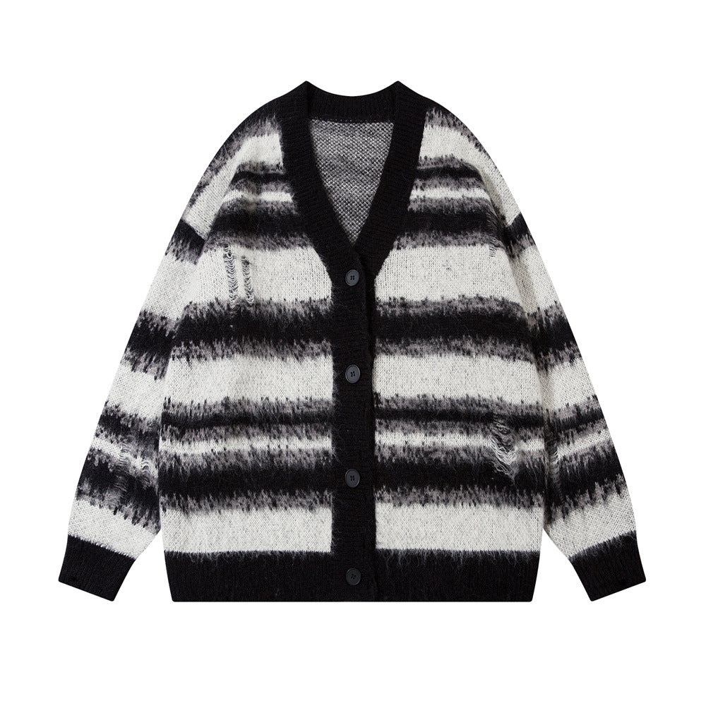 European And American Style Gradient Striped V-neck Sweater Coat