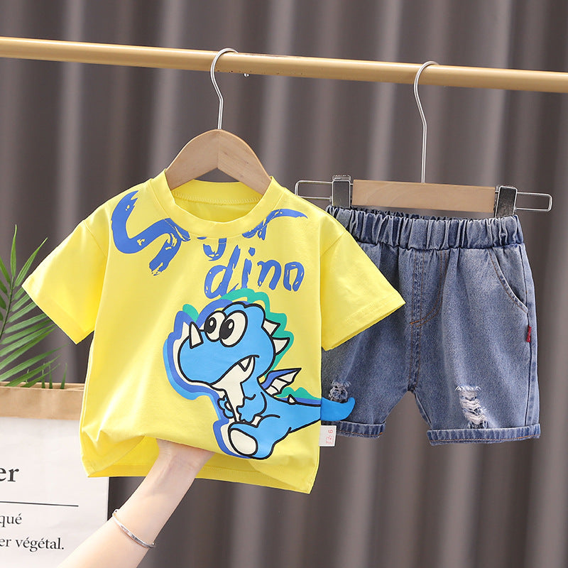 Dinosaur Round Neck Short Sleeve Cotton T-shirt Denim Shorts Suit