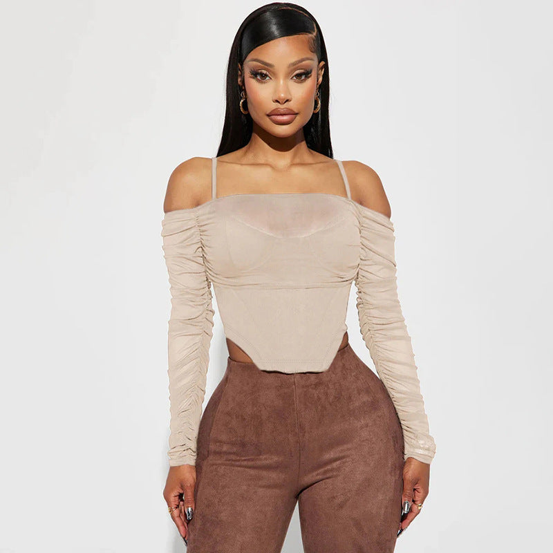 Mesh See-through Off-neck Braces Long Sleeve Irregular Cinched Waist Slim-fit Top T-shirt For Women