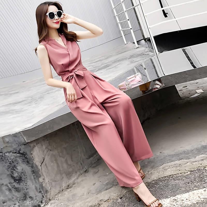 Student Korean Casual V-neck Slim Jumpsuit Wide-leg Pants Suit