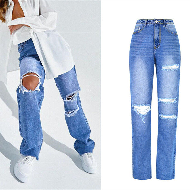 Women's High Waist Straight Ripped Jeans