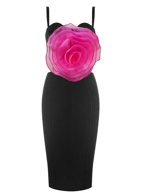 New Ladies Splicing 3D Large Flowers Spaghetti Strap Backless Design Club Party Sleeveless Sexy Midi Bandage Dress