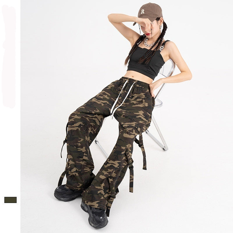 Vintage American Retro Camouflage Cargo Pants with Elastic Waist Drawstring - Couple Street Fashion