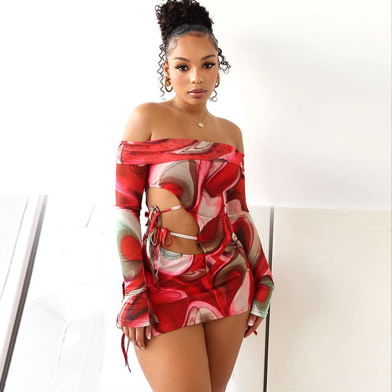 Printed Sexy Off-neck Bell Sleeve Skirt Two-piece Suit