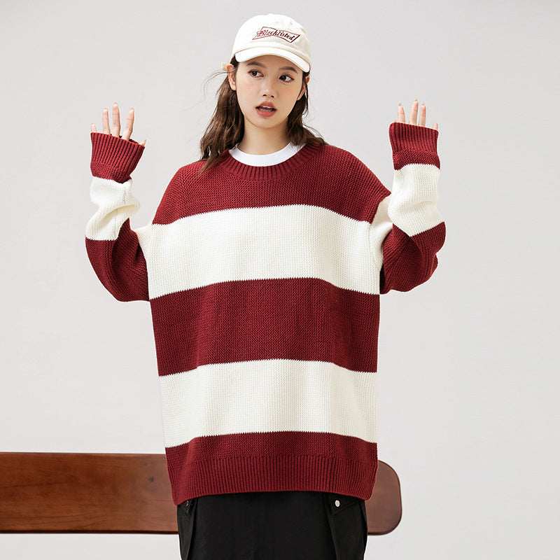 Autumn And Winter Striped Contrast Color Round Neck Sweater Men And Women Loose Leisure All-matching Couple