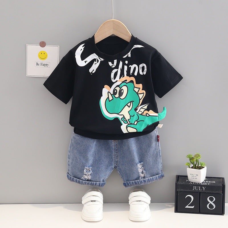 Dinosaur Round Neck Short Sleeve Cotton T-shirt Denim Shorts Suit