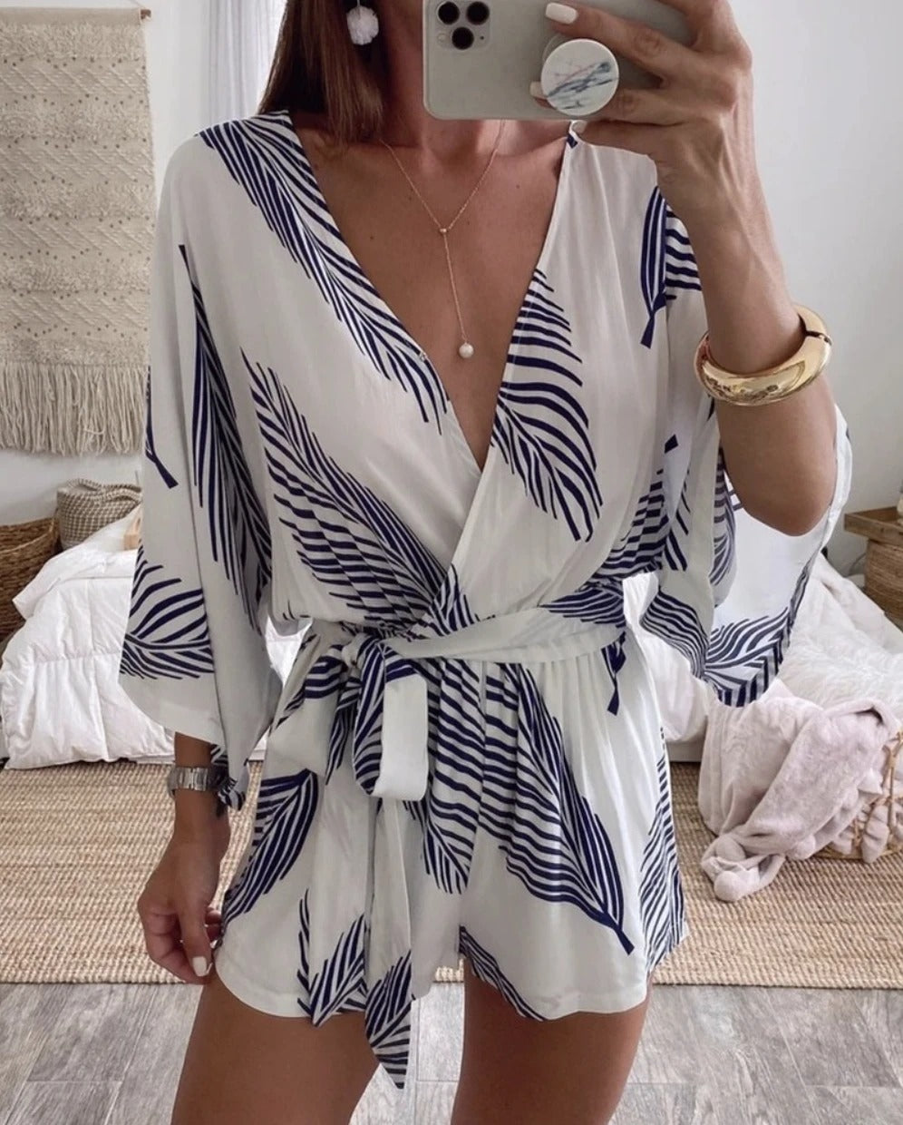 New white printed V-neck jumpsuit