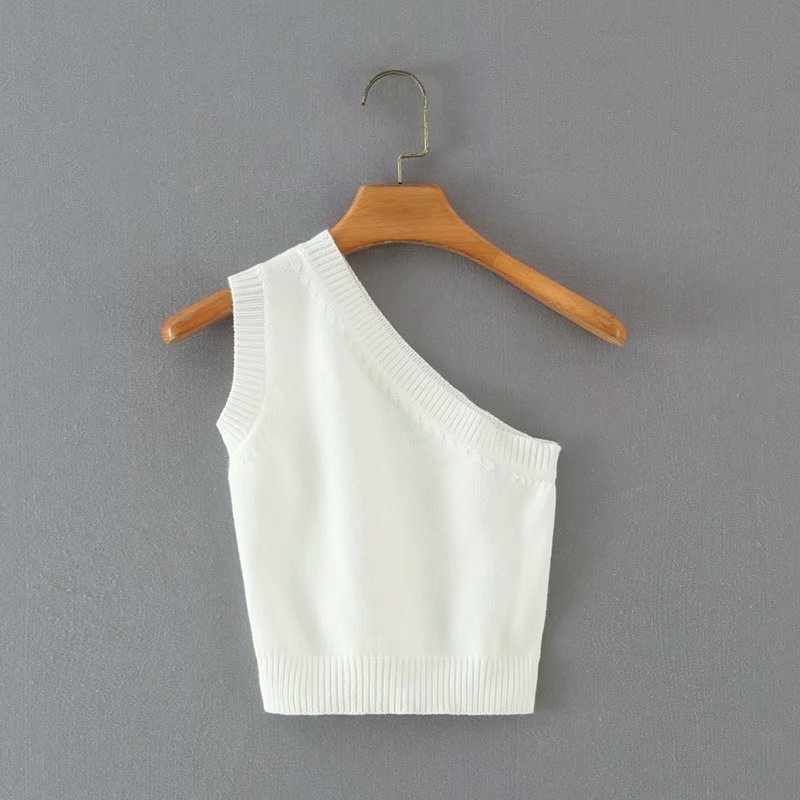 Fashion Solid Color Slanted Shoulder Solid Color Knitted Slim-Fit Vest Top