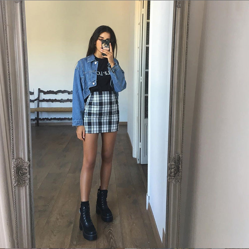 Plaid sexy bag hip skirt