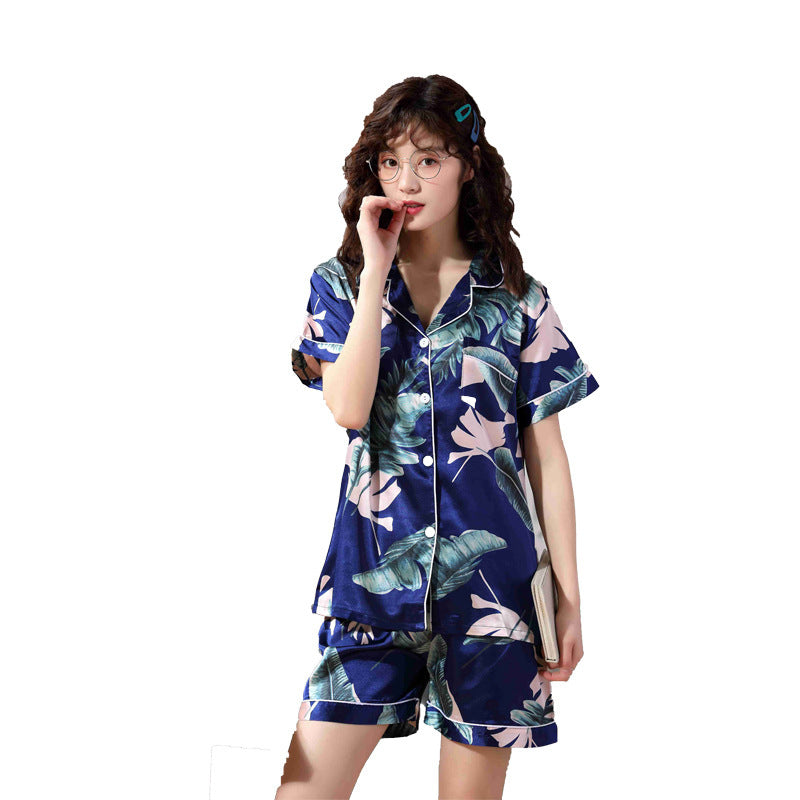 Banana Leaf Lapel Cardigan Pyjamas Home Imitation Silk