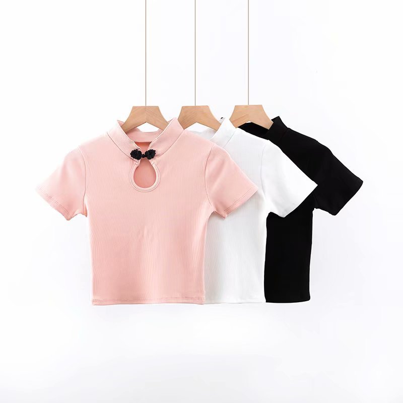 Chinese Style Retro Disc Button Slim Cropped Short-Sleeved Shirt Tight-Fitting High-Waist T-shirt