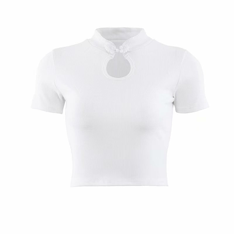 Chinese Style Retro Disc Button Slim Cropped Short-Sleeved Shirt Tight-Fitting High-Waist T-shirt