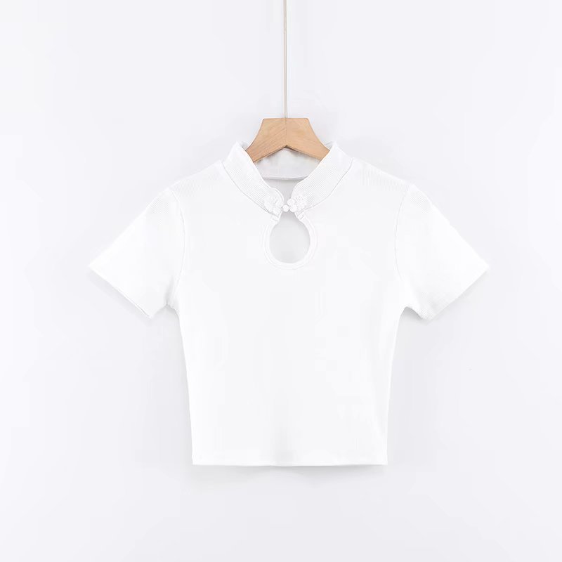 Chinese Style Retro Disc Button Slim Cropped Short-Sleeved Shirt Tight-Fitting High-Waist T-shirt