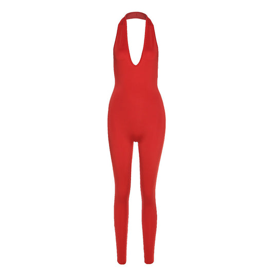 New Women's Sexy Halter Hanging Neck V-Neck Hip-Lifting Sports Jumpsuit