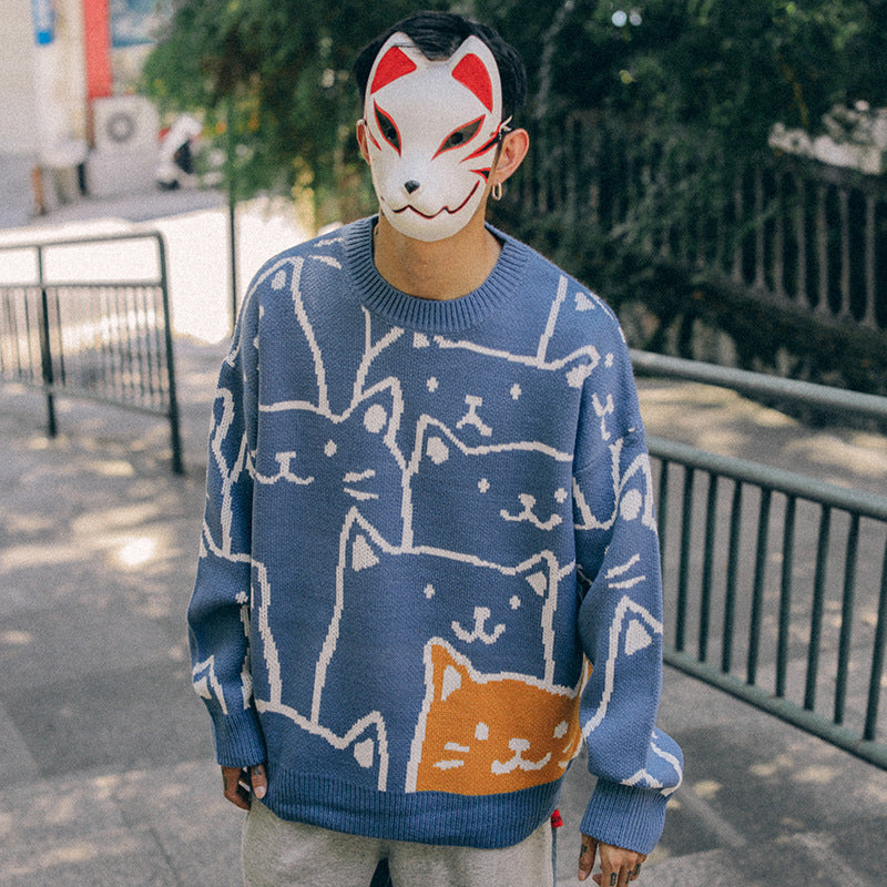 Cartoon Cat Round Neck Sweater Men's Autumn And Winter New Loose Couple Knit Sweater