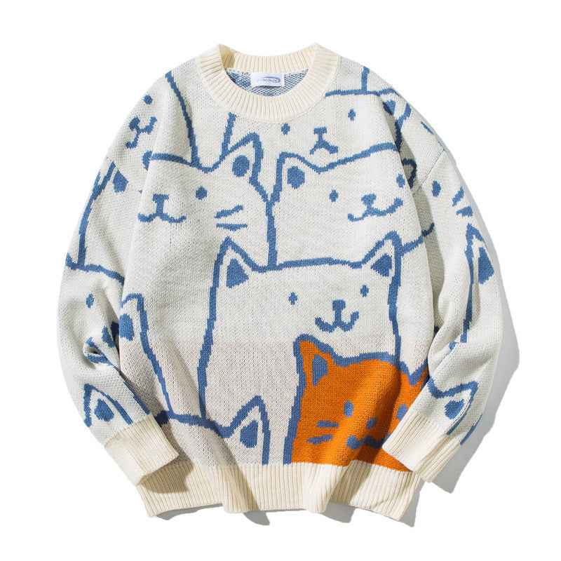 Cartoon Cat Round Neck Sweater Men's Autumn And Winter New Loose Couple Knit Sweater