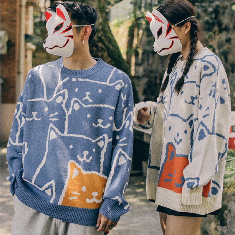 Cartoon Cat Round Neck Sweater Men's Autumn And Winter New Loose Couple Knit Sweater