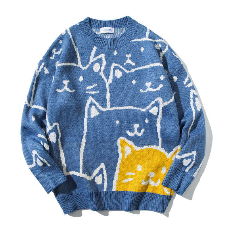 Cartoon Cat Round Neck Sweater Men's Autumn And Winter New Loose Couple Knit Sweater