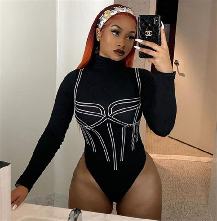 Ladies Striped Bodysuit Black Sexy Jumpsuit Long Sleeve Mid-Waist Clothing Casual