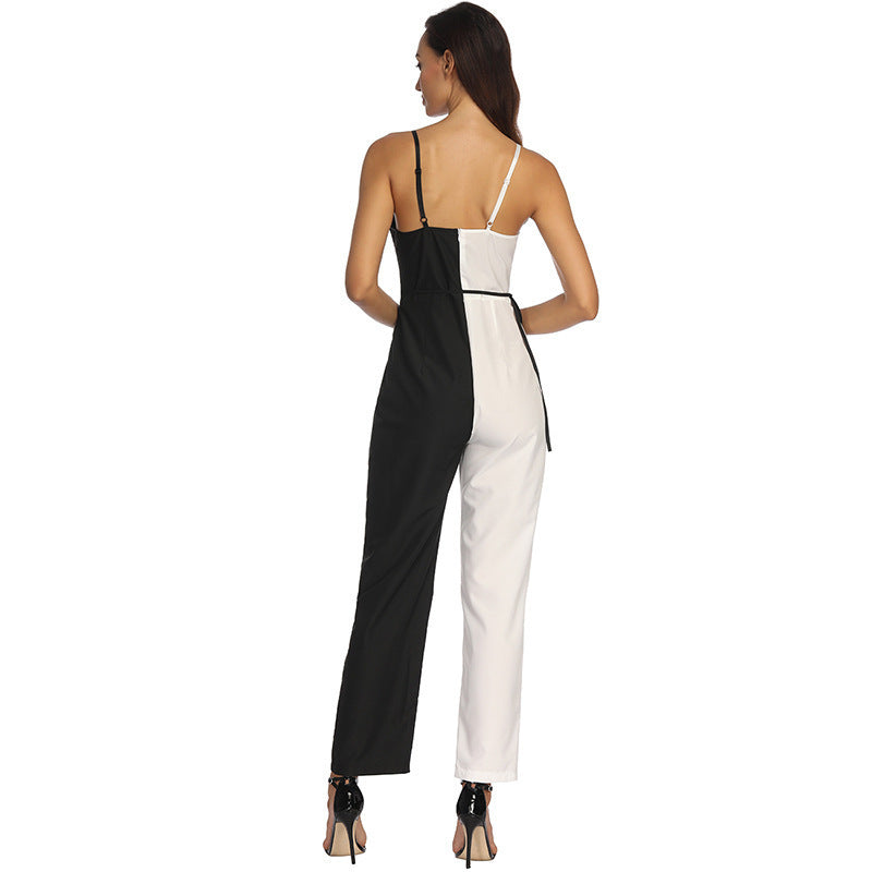 Women's Black And White Color Matching European And American Sexy Sling Jumpsuit Trousers