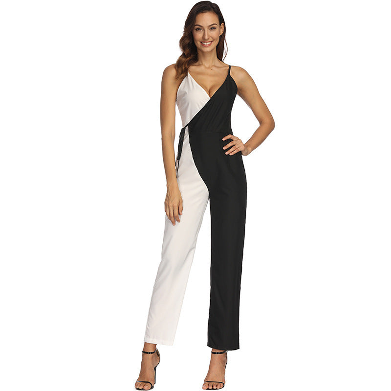 Women's Black And White Color Matching European And American Sexy Sling Jumpsuit Trousers