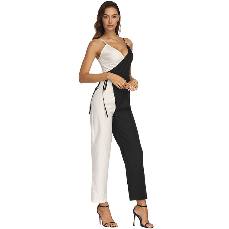 Women's Black And White Color Matching European And American Sexy Sling Jumpsuit Trousers