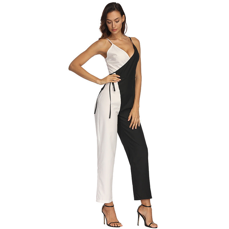 Women's Black And White Color Matching European And American Sexy Sling Jumpsuit Trousers