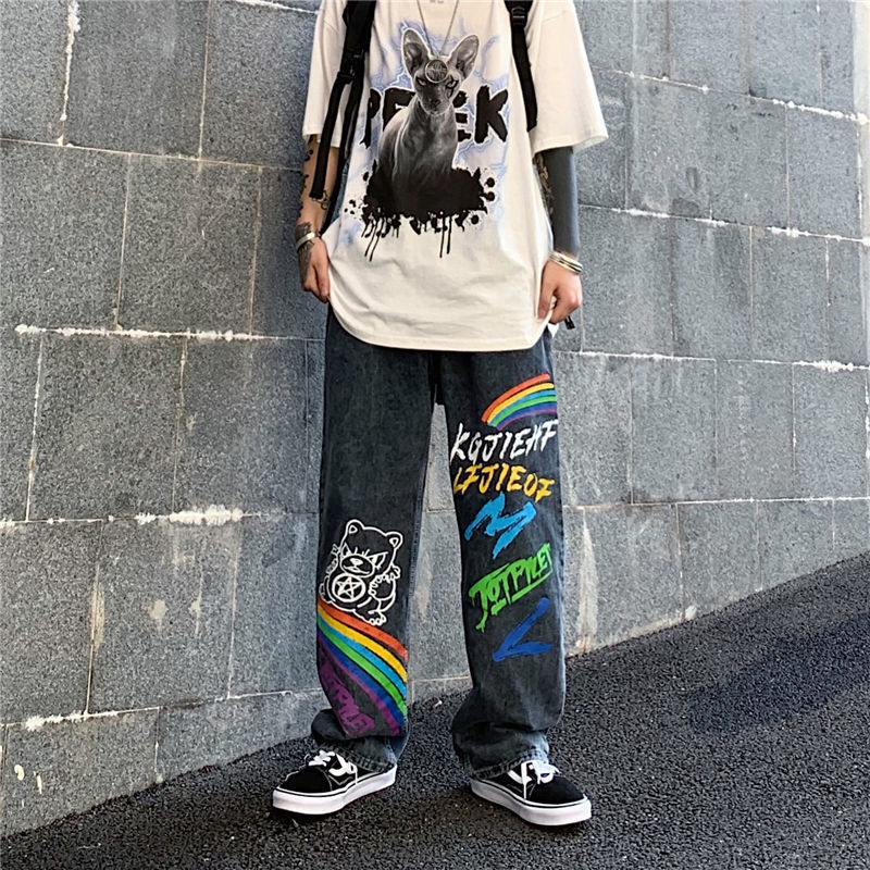 Loose Straight Trend Ins High Street Hip-Hop Graffiti Rainbow Letters Printed Trousers