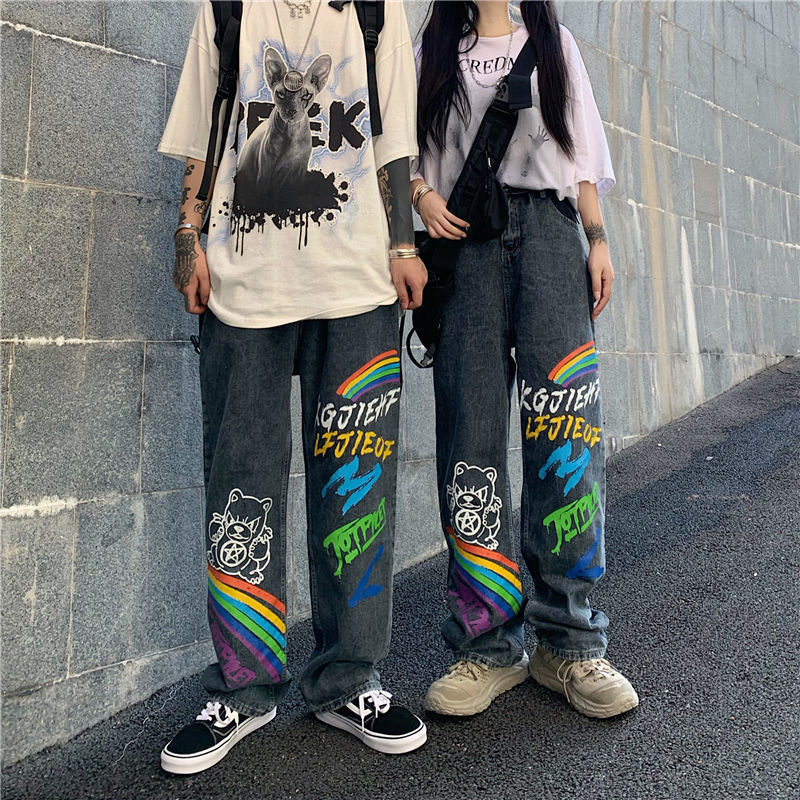 Loose Straight Trend Ins High Street Hip-Hop Graffiti Rainbow Letters Printed Trousers