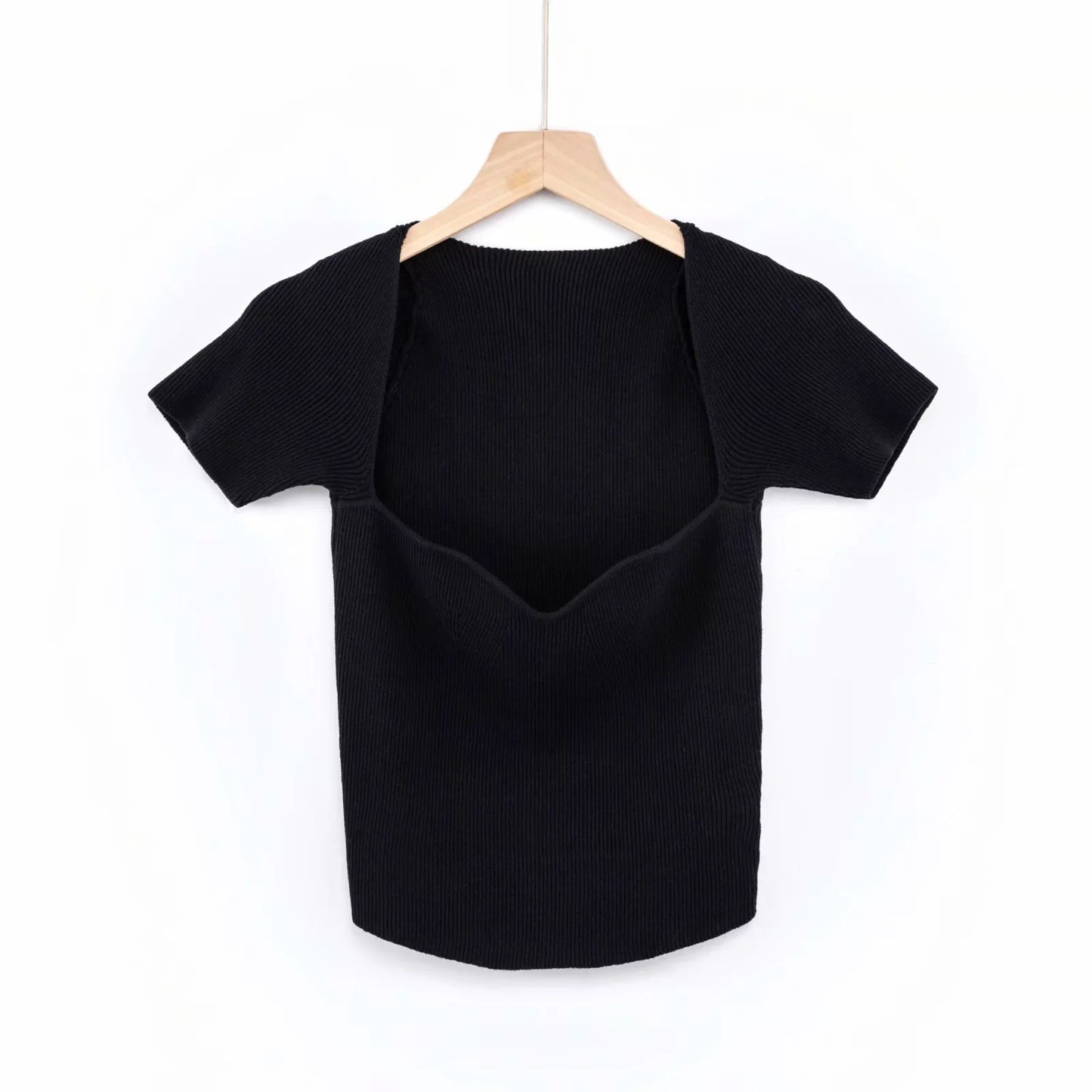 Summer Slim-fit Retro Square Neck Heavy Industry Shoulder Short-sleeved Knitted T-shirt