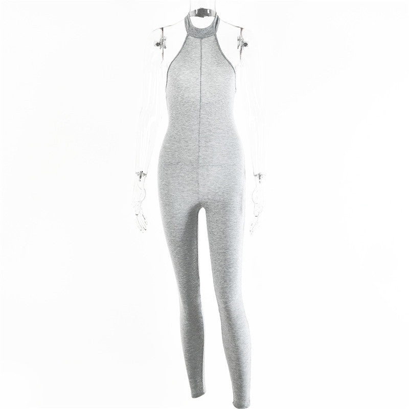 European And American Sleeveless Halterneck Slim-fit Cotton Solid Color Jumpsuit