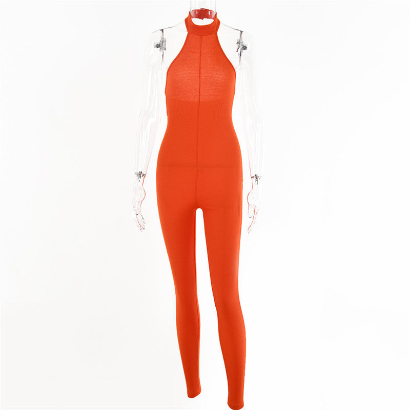 European And American Sleeveless Halterneck Slim-fit Cotton Solid Color Jumpsuit