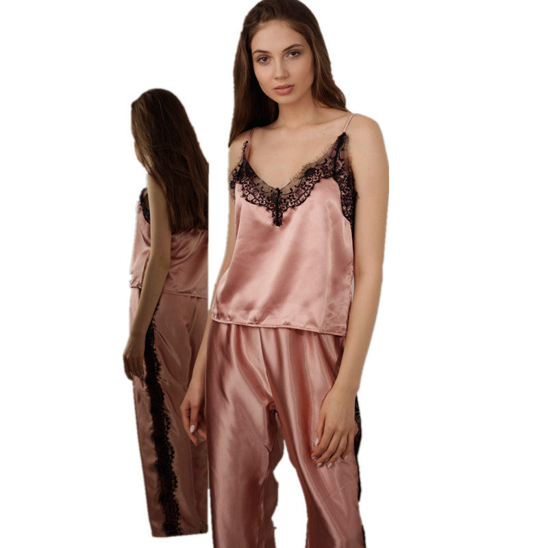 Two Pieces Satin Pajama Set V-Neck Pyjamas Cute Camisole