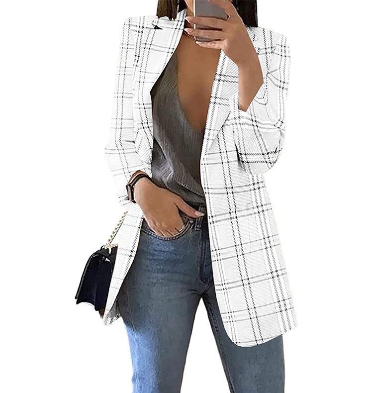 Fashion Plaid Casual Suit Lapel Slim Cardigan Suit Jacket Women