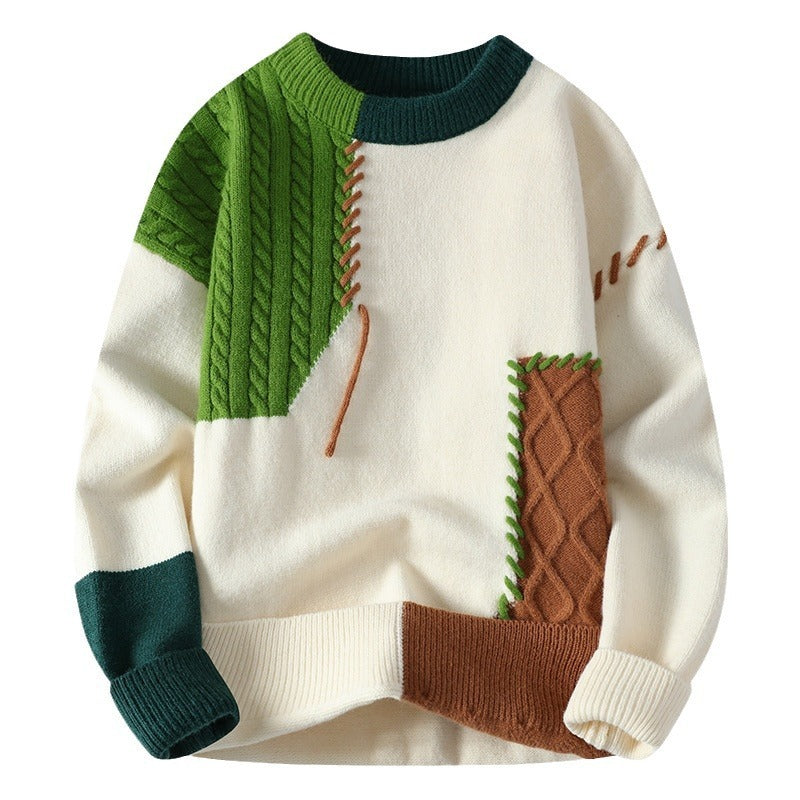 Sweater Men's American Retro Color Contrast Patchwork