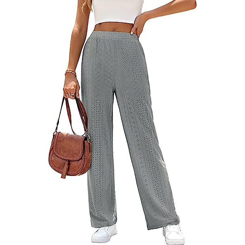 Women's Casual Solid Color Hollow Elastic Waist Wide Leg Pants