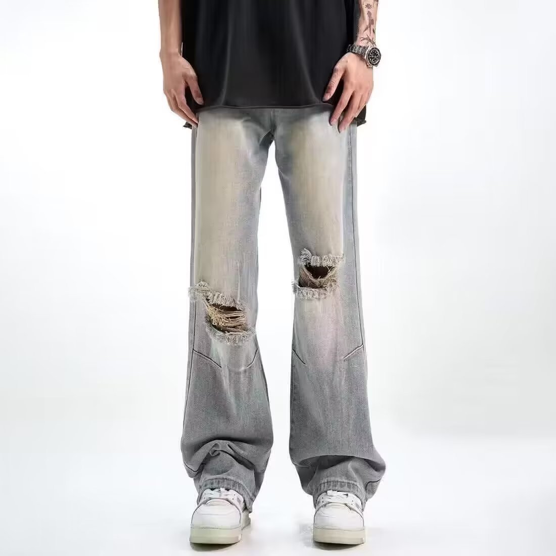 High Street American Retro Washed Make Old Ripped Black Gray Jeans