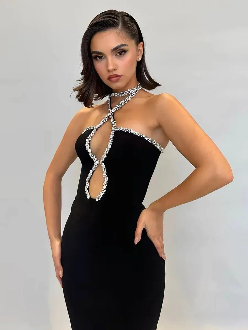 New Autumn Women's Black Strapless Luxury Diamond tight Long Bandage Dress Elegant Celebrity Party Evening Dress