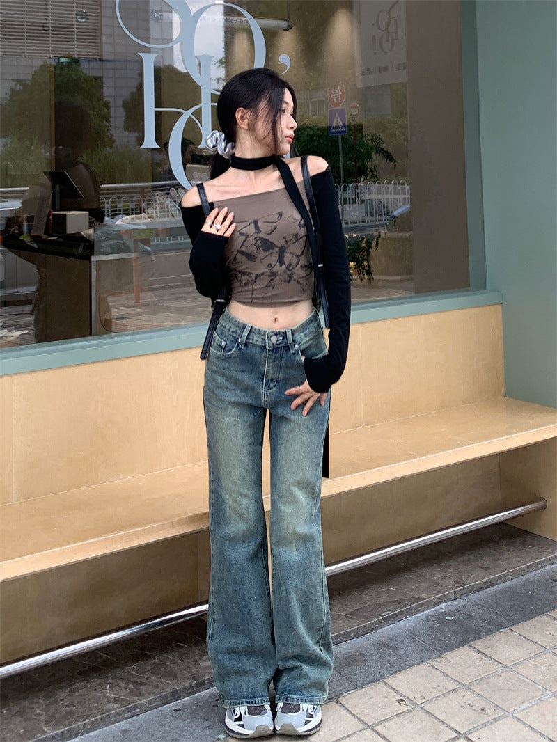 Retro Straight Jeans High Waist Wide Leg Trousers