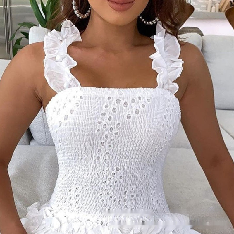 White Smocking Lace Solid Color Suspender Skirt