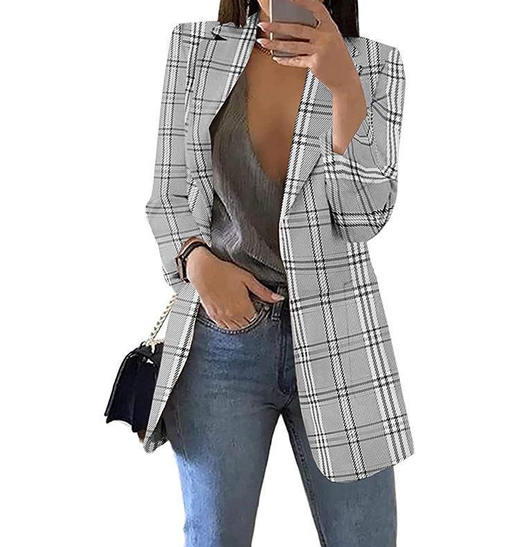 Fashion Plaid Casual Suit Lapel Slim Cardigan Suit Jacket Women