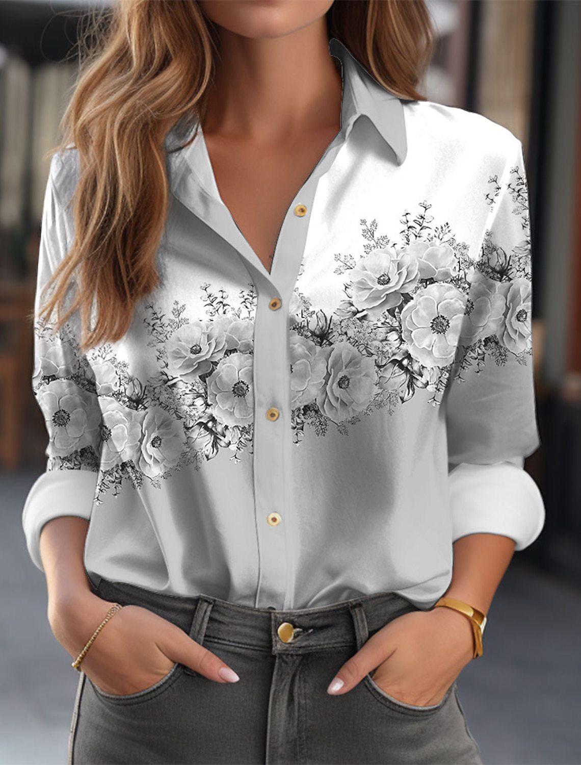 Women's Color Matching Printed Long-sleeved Lapel Button Shirt