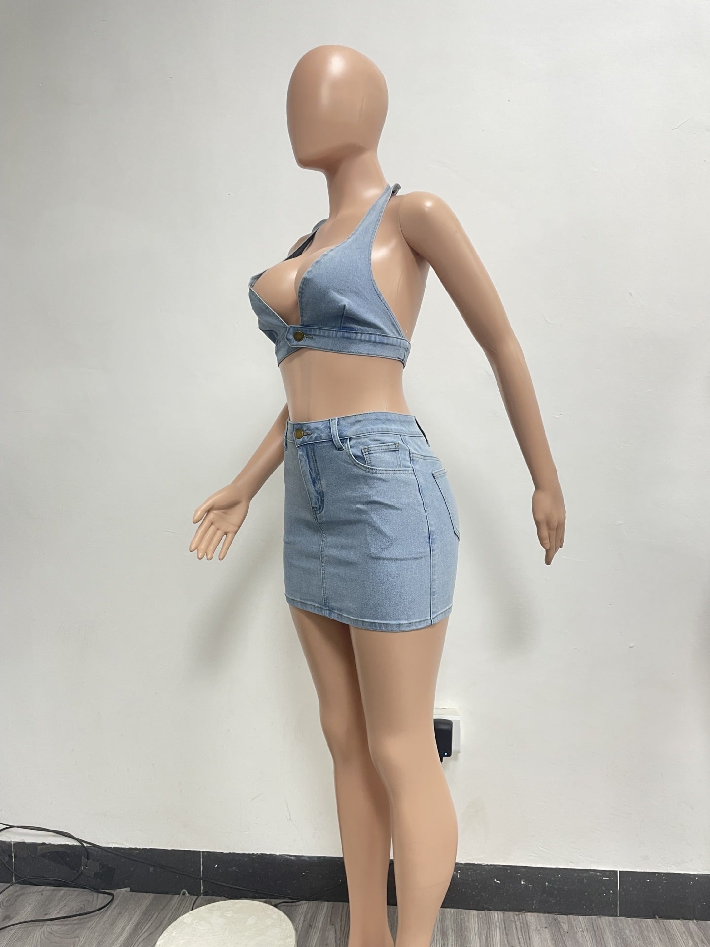 Washed Elastic Denim Casual Sexy Skirt Suit