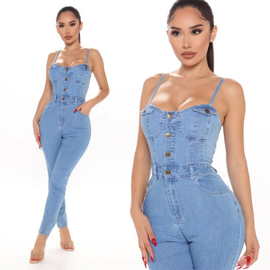 Casual Nightclub Women's High Elastic Denim Jumpsuit Summer