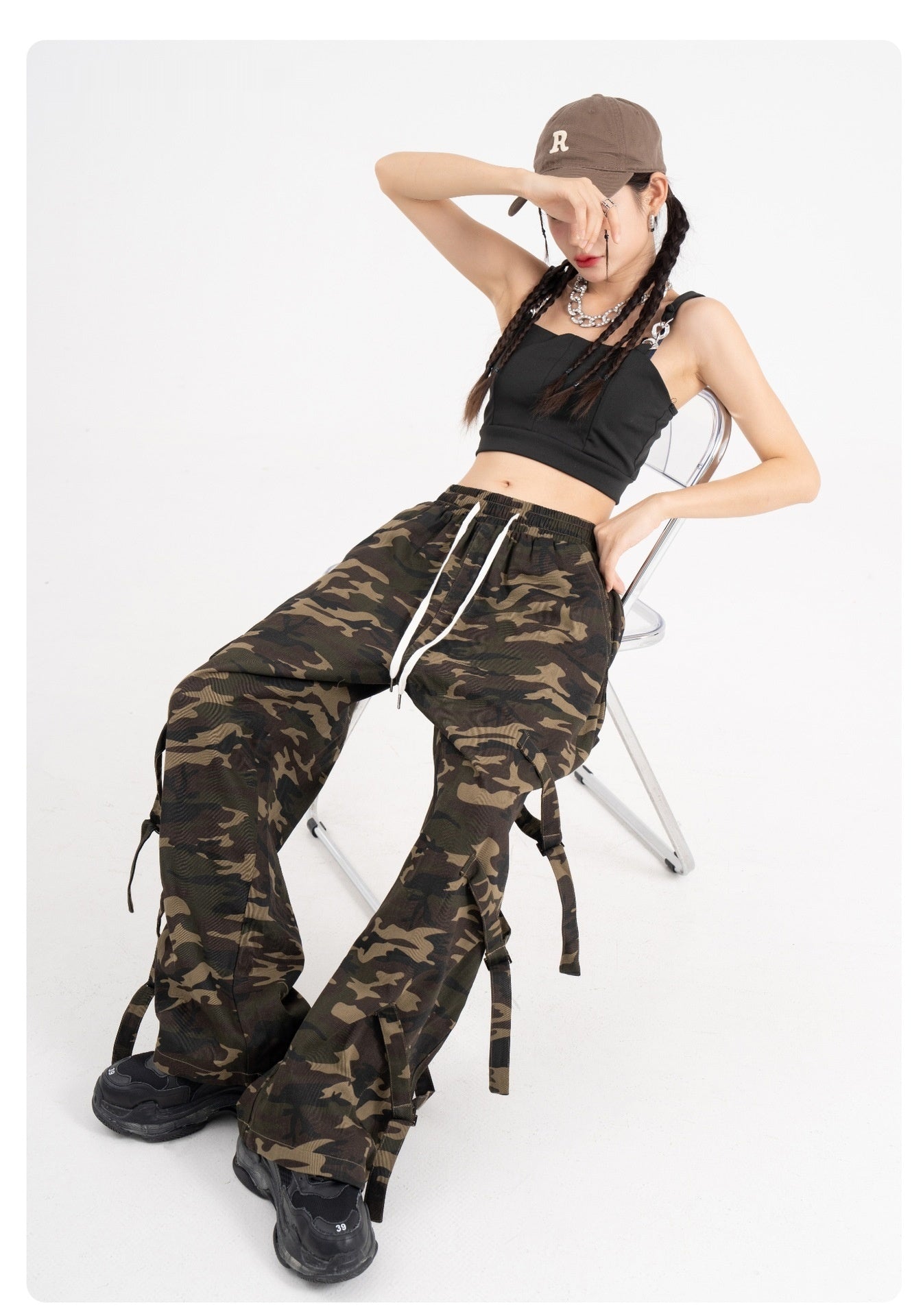 Vintage American Retro Camouflage Cargo Pants with Elastic Waist Drawstring - Couple Street Fashion