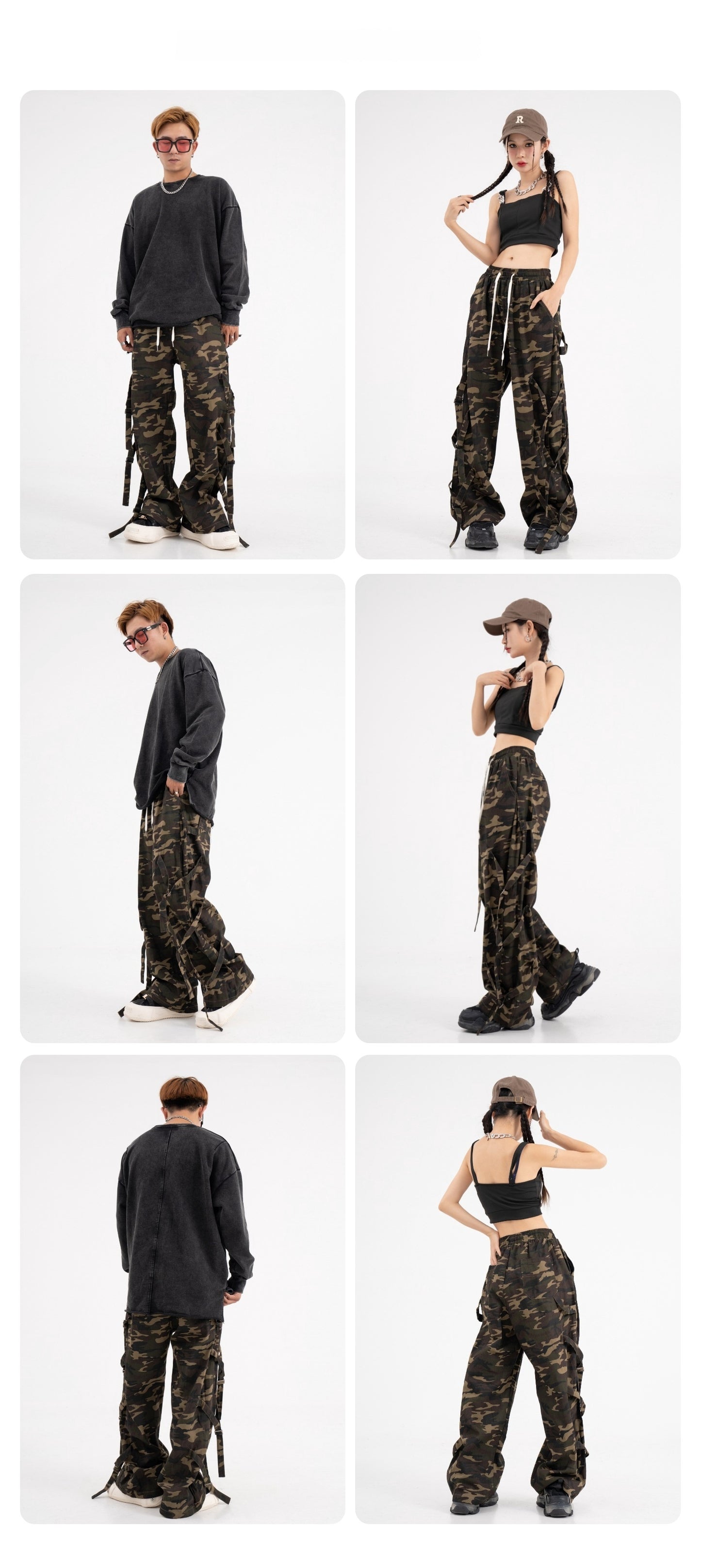 Vintage American Retro Camouflage Cargo Pants with Elastic Waist Drawstring - Couple Street Fashion