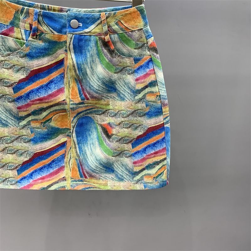 Women's High Waisted A-line Printed Denim Skirt