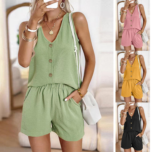 Casual V-neck Solid Color Vest Top Shorts Two-piece Set