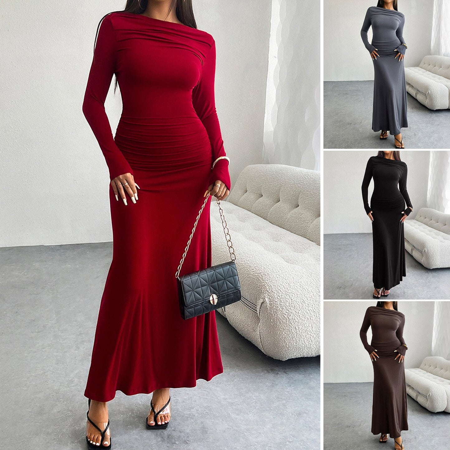 Autumn and winter European and American women's clothing temperament solid color hip hugging one neck dress